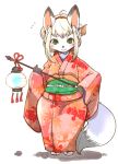  2020 anthro asian_clothing blonde_hair canid canine clothed clothing east_asian_clothing female fox fur green_eyes grey_body grey_fur hair holding_object japanese_clothing kemono kimono lantern mammal obi setouchi_kurage solo 