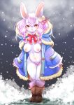  2020 anthro boots braided_hair breasts clothing coat female footwear fur hair kemono lagomorph leporid mammal nipples pigtails pink_hair rabbit red_eyes setouchi_kurage snow topwear white_body white_fur 