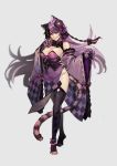  1girl absurdres animal_ears black_legwear breasts brown_eyes cat_ears cat_girl cat_paws cat_tail cheshire_cat_(monster_girl_encyclopedia) cleavage detached_sleeves eyebrows_visible_through_hair full_body highres large_breasts looking_at_viewer monster_girl monster_girl_encyclopedia paws purple_nails rnskkn smile solo tail thighhighs tongue tongue_out 