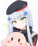  1girl absurdres bangs beret blue_eyes blunt_bangs blush blush_stickers eyebrows_visible_through_hair facial_mark girls_frontline green_eyes hair_ornament hat highres hk416_(girls_frontline) jacket kirby kirby_(series) long_hair military_jacket risshu silver_hair smile teardrop 