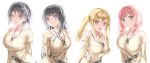  4girls absurdres arm_behind_back arm_under_breasts asymmetrical_hair bang_dream! bangs bare_shoulders beige_sweater belt black_belt black_hair blonde_hair blunt_bangs blush breasts bunny_earrings cleavage collarbone commentary_request cosplay earrings eyebrows_visible_through_hair green_eyes hair_between_eyes hair_intakes hair_ornament hand_on_own_chest head_tilt highres ichigaya_arisa imai_lisa imai_lisa_(cosplay) jewelry large_breasts long_hair long_sleeves looking_at_viewer low_twintails multiple_girls necklace off-shoulder_sweater off_shoulder open_mouth parted_lips pink_eyes pink_hair purple_eyes ribbed_sweater shirokane_rinko short_hair sidelocks simple_background single_sidelock sleeves_past_wrists smile standing sweater totoshion twintails uehara_himari upper_body wavy_mouth white_background x_hair_ornament yashio_rui yellow_eyes 