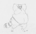  anthro barefoot belly belt big_belly bottomwear bow_tie clothing denim denim_clothing eon54 guardians_of_the_galaxy hands_behind_head hi_res jeans jiggle love_handles male mammal marvel moobs navel obese obese_anthro obese_male overweight overweight_anthro overweight_male pants procyonid raccoon ringtail rocket_raccoon smile smirk solo solo_focus thick_thighs traditional_drawing_(artwork) traditional_media_(artwork) 