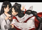  2girls :d ahoge bandeau black_hair brown_eyes closed_mouth fan fang folding_fan hair_ornament high_ponytail holding holding_fan japanese_clothes kantai_collection kimono long_hair long_sleeves miko multi-tied_hair multiple_girls nisshin_(kantai_collection) open_mouth radar_hair_ornament red_ribbon ribbon shouhou_(kantai_collection) smile toka_(marchlizard) v very_long_hair white_kimono wide_sleeves 