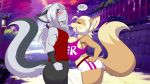  anthro blush bottomwear breast_squish breasts canid canine clothing duo female fox japan male male/female mammal mastergodai outside shirt shorts smile speech_bubble squish t-shirt tank_top text topwear 