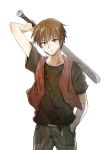  1boy baseball_bat belt black_shirt blue_eyes brown_hair closed_mouth cowboy_shot hand_in_pocket highres higurashi_no_naku_koro_ni holding holding_baseball_bat maebara_keiichi male_focus pants red_vest shirt short_sleeves shosudo simple_background solo standing vest white_background 