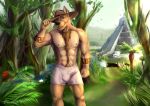  2019 anatomy anthro balls bottomwear canid canine canis clothing dimonis erection fern fur genitals hat headgear headwear jungle male mammal muscular muscular_anthro muscular_male nipples palm_tree penis plant pyramid river shorts signature smile solo tree watermark wolf 