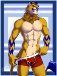  anthro clothed clothing dexterlion felid feralise hi_res lion male mammal muscular muscular_anthro muscular_male pantherine solo topless topless_male 
