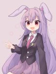  1girl :d ameshi_(rzuw4482) animal_ears blazer blush breasts bunny_ears collared_shirt cowboy_shot eyebrows_visible_through_hair finger_gun grey_background hair_between_eyes highres jacket long_hair looking_at_viewer medium_breasts necktie open_mouth pleated_skirt purple_hair purple_skirt red_eyes red_neckwear reisen_udongein_inaba shirt simple_background sitting skirt smile solo touhou very_long_hair white_shirt 