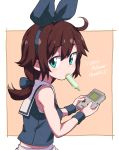  1girl aqua_eyes blue_bow bow brown_hair eyebrows_visible_through_hair followers food game_boy hair_bow hairband handheld_game_console highres looking_at_viewer medium_hair nazonazo_(nazonazot) original ponytail popsicle solo sweat 