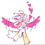  &lt;3 1:1 ambiguous_gender antennae_(anatomy) blush eyes_closed flapping_wings fur gesture hand_heart happy head_tuft hybrid nightynight paws pink_wings simple_background smile solo teevee_(nightynight) tuft white_background white_body white_fur white_tail wings 