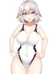  1girl 72_(mmmmkk) ahoge alternate_costume bangs black_swimsuit breasts competition_swimsuit cosplay covered_navel fate/grand_order fate_(series) highleg highleg_swimsuit highres jeanne_d&#039;arc_(alter)_(fate) jeanne_d&#039;arc_(fate)_(all) jeanne_d&#039;arc_(swimsuit_archer) jeanne_d&#039;arc_(swimsuit_archer)_(cosplay) large_breasts multicolored multicolored_clothes multicolored_swimsuit one-piece_swimsuit short_hair silver_hair solo swimsuit white_swimsuit yellow_eyes 