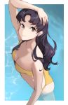  1girl bikini black_hair border breasts brown_eyes cleavage earrings fingernails hand_on_head highres jewelry katsuragi_misato long_fingernails long_hair looking_at_viewer milka_(milk4ppl) neon_genesis_evangelion outside_border smile solo swimsuit toenails wading water white_border 