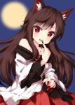  1girl animal_ear_fluff animal_ears bangs brooch brown_hair dress eyebrows_visible_through_hair fingernails full_moon highres imaizumi_kagerou jewelry long_fingernails long_hair long_sleeves looking_at_viewer moon multicolored multicolored_clothes multicolored_dress night off-shoulder_dress off_shoulder open_mouth red_dress red_eyes red_nails ruu_(tksymkw) smile solo standing touhou two-tone_dress white_dress wide_sleeves wolf_ears yellow_moon 