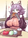  2020 anthro big_breasts breasts burger canid canine canis clothed clothing cup eating female food fries green_eyes hair kemono mammal purple_hair setouchi_kurage sitting solo wolf 
