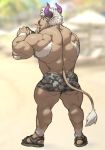  anthro bodily_fluids bovid bovine brown_body brown_fur butt camo camo_print cattle clothed clothing footwear fur hair hi_res holding_object horn male mammal muscular muscular_anthro muscular_male purple_eyes rear_view ripped-saurian sandals shennong solo standing sweat tail_tuft tight_clothing tokyo_afterschool_summoners topless tuft video_games white_hair 