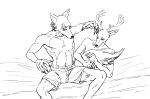 2020 absurd_res anthro antlers athletic athletic_anthro athletic_male beastars black_and_white boxers_(clothing) canid canine canis cervid clothing duo ffog fluffy fluffy_tail hi_res horn legoshi_(beastars) louis_(beastars) male mammal monochrome scar simple_background sitting tail_grab tail_hug underwear white_background wolf 