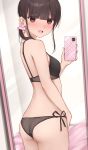  1girl :d ass bangs bare_arms bare_shoulders black_bra black_hair black_panties blush bra brown_eyes cellphone commentary_request eyebrows_visible_through_hair hair_ornament hair_over_shoulder hair_scrunchie hand_up highres holding holding_phone kanju long_hair looking_at_viewer looking_back low_ponytail mirror open_mouth original panties phone pink_scrunchie ponytail reflection scrunchie self_shot side-tie_panties smile solo sweat underwear underwear_only 