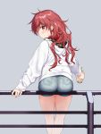  1girl ass blue_shorts chigusa_asuha denim denim_shorts earrings feet_out_of_frame from_behind grey_background hood hood_down hooded_jacket jacket jewelry long_sleeves looking_back qualidea_code railing red_eyes red_hair sekiya_asami short_shorts shorts simple_background sitting solo thighs wavy_hair white_jacket 