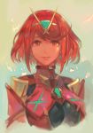  1girl armor bangs breasts earrings hungry_clicker jewelry large_breasts lips looking_at_viewer pyra_(xenoblade) red_eyes red_hair short_hair sidelocks smile solo tiara traditional_media upper_body xenoblade_chronicles_(series) xenoblade_chronicles_2 
