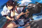  anthropomorphism brown_hair fukazaki hyuuga_(kancolle) japanese_clothes kantai_collection red_eyes sword weapon 