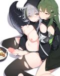 2girls ahoge arknights bangs black_legwear blush breast_grab breasts ce-_-3 censored closed_mouth cum cum_on_food ejaculation erection futa_with_female futanari gavial_(arknights) gloves grabbing green_hair grey_hair hood hood_up large_breasts long_hair long_sleeves masturbation mosaic_censoring multicolored_hair multiple_girls navel nipples one_eye_closed partially_fingerless_gloves penis simple_background sitting smile streaked_hair tail thighhighs tomimi_(arknights) torn_clothes torn_legwear white_background 
