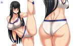  1girl adapted_costume alternate_costume ass bikini black_hair blue_eyes blue_wristband blush breasts covered_nipples curvy embarrassed exercise eyebrows highres jmg junketsu kill_la_kill kiryuuin_satsuki large_breasts looking_at_viewer multiple_views navel nipples sideboob sidelocks split standing standing_on_one_leg standing_split swimsuit thick_eyebrows thighs white_background wristband 