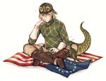  /\/\/\ 1boy american_flag bandage_on_face bandages belt blonde_hair boots chin_rest crossed_legs diego_brando dinosaur dinosaur_tail eyebrows_visible_through_hair flag gloves green_eyes green_headwear green_sweater hair_between_eyes hand_on_own_chin hat heart highres historical_american_flag jojo_no_kimyou_na_bouken knee_boots male_focus petting scary_monsters_(stand) shibia_(tagou) short_hair sideways_glance sitting solo spurs steel_ball_run sweater tail turtleneck white_background white_gloves 