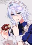  1girl ahoge apron black_neckwear blue_eyes bow bowtie braid chocolate_doughnut doughnut eyebrows_visible_through_hair eyes_visible_through_hair finger_to_mouth food grey_background hair_intakes highres himadera holding holding_food index_finger_raised izayoi_sakuya looking_at_viewer maid_headdress puffy_short_sleeves puffy_sleeves short_sleeves silver_hair simple_background smile solo sprinkles sweat touhou translation_request twin_braids twitter_username wrist_cuffs 