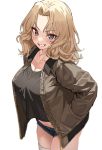  1girl absurdres blonde_hair blue_eyes blue_shorts blurry blush breasts commentary cowboy_shot denim denim_shorts girls_und_panzer grin hair_intakes hands_in_pockets highres jacket kay_(girls_und_panzer) large_breasts long_hair long_sleeves looking_at_viewer military military_uniform mx2j_(nsh6394) open_clothes open_jacket saunders_military_uniform short_shorts shorts smile solo standing thighhighs uniform white_background white_legwear 