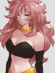  1girl android_21 bare_shoulders blue_eyes breasts choker cleavage collarbone dragon_ball dragon_ball_fighterz grey_background kemachiku long_hair looking_at_viewer majin_android_21 medium_breasts midriff navel red_hair simple_background solo yellow_choker 