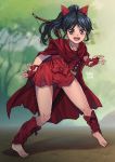  1girl arrow_(projectile) barefoot black_hair bow bow_(weapon) brown_eyes cape fangs gloves hair_bow han&#039;you_no_yashahime highres inuyasha katana moroha shorts solo sword toeless_legwear torakun14 tree weapon 