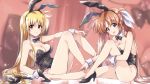  2girls animal_ears bare_legs black_footwear black_leotard black_neckwear blonde_hair blue_eyes bow bowtie breasts brown_hair bunny_ears bunny_tail commentary_request commission detached_collar fate_testarossa head_tilt high_heels highres kuroi_mimei legs leotard long_hair looking_at_viewer lyrical_nanoha mahou_shoujo_lyrical_nanoha mahou_shoujo_lyrical_nanoha_a&#039;s medium_breasts multiple_girls playboy_bunny red_eyes sitting skeb_commission strapless strapless_leotard tail takamachi_nanoha tongue tongue_out twintails wrist_cuffs zoom_layer 