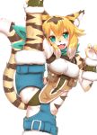  2020 5_fingers anthro black_nose blonde_hair blush breasts brown_body brown_fur brown_hair camel_toe claws clothed clothing cute_fangs exposed_breasts felid female fingers flexible fur green_eyes hair happy hi_res horokusa0519 inner_ear_fluff kemono mammal mia_(world_flipper) multicolored_body multicolored_ears multicolored_fur multicolored_hair multicolored_tail on_one_leg one_leg_up open_mouth open_smile pantherine raised_leg satchel scarf small_breasts smile solo splits spread_legs spreading standing standing_splits striped_body striped_fur striped_tail stripes tan_body tan_fur tiger tongue tuft white_body white_fur white_hair world_flipper 
