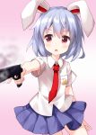  1girl animal_ears bangs blue_hair blue_sky bunny_ears collared_shirt crescent crescent_moon_pin eyebrows_visible_through_hair gun highres holding holding_gun holding_weapon looking_to_the_side medium_hair necktie open_mouth pink_background pleated_skirt red_eyes red_neckwear reisen ruu_(tksymkw) shirt short_sleeves simple_background skirt sky smoke smoking_gun solo standing touhou v-shaped_eyebrows weapon white_shirt 