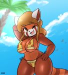  ailurid anthro big_breasts bikini breasts clothing female hand_behind_head hand_on_hip hi_res joaoppereiraus looking_at_viewer mammal one_eye_closed open_mouth open_smile palm_tree red_panda side-tie_bikini smile solo swimwear thick_thighs tree wide_hips wink 