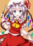  1girl ascot bangs blue_eyes bow braid brown_background collared_shirt cosplay crystal eyebrows_visible_through_hair flandre_scarlet flandre_scarlet_(cosplay) hair_bow hat hat_ribbon highres holding holding_knife izayoi_sakuya knife looking_at_viewer mob_cap open_mouth red_bow red_ribbon red_skirt red_vest ribbon ruu_(tksymkw) shirt short_sleeves side_braids silver_hair simple_background skirt smile solo standing touhou twin_braids vest white_headwear white_shirt wings wrist_cuffs yellow_neckwear 