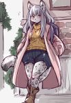  2020 anthro backpack bottomwear clothed clothing coat felid female fur grey_body grey_fur grey_hair hair hands_in_pockets kemono leaning mammal pantherine pockets setouchi_kurage shorts snow_leopard spots spotted_body spotted_fur sweater topwear 
