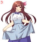  apron artist_logo blue_apron blue_bow blue_neckwear blue_skirt bow bowtie brown_eyes brown_hair commentary_request dated employee_uniform gingham_apron hair_ornament highres kanon_(kurogane_knights) kantai_collection kisaragi_(kantai_collection) kobeya kobeya_uniform long_hair shirt short_sleeves simple_background skirt skirt_hold smile uniform unmoving_pattern waitress white_background white_shirt 