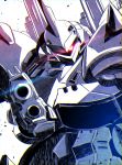  absurdres aiming aiming_at_viewer close-up glowing glowing_eye gun gundam gundam_0080 highres holding holding_gun holding_weapon horns huge_filesize kampfer_(mobile_suit) looking_to_the_side mecha no_humans one-eyed papa-kun_(destiny549-2) science_fiction single_horn solo spot_color weapon zeon 