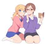  2girls aikawa_chinatsu bangs blonde_hair blue_eyes blue_skirt blush book brown_eyes brown_hair cardigan chiyoko_(tykchiyo) collared_shirt commentary_request full_body glasses grin hands_on_shoulders holding holding_book hood idolmaster idolmaster_cinderella_girls jewelry long_hair long_sleeves looking_at_viewer miniskirt multiple_girls necklace ootsuki_yui open_book pleated_skirt red-framed_eyewear school_uniform seiza shirt short_hair simple_background sitting skirt smile socks sweater swept_bangs wariza white_background white_legwear white_shirt wing_collar 