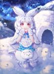  1girl absurdres animal_ears arctic_hare_(kemono_friends) bunny_ears eyebrows_visible_through_hair food highres huge_filesize igloo japari_bun kemono_friends looking_at_viewer mirage48291584 red_eyes seiza sitting snow snow_shelter snowing white_footwear white_hair 