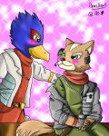  anaellexe anthro avian brown_body brown_fur canid canine clothing duo falco_lombardi feathers fox fox_mccloud fur gloves green_eyes handwear hi_res inner_ear_fluff kerchief male male/male mammal nintendo red_body red_feathers smile star_fox tan_body tan_fur tuft video_games 