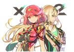  2girls anniversary back-to-back blonde_hair breasts chest_jewel crossed_arms earrings elbow_gloves gloves jewelry large_breasts long_hair multiple_girls mythra_(xenoblade) pyra_(xenoblade) red_eyes red_hair saitou_masatsugu short_hair signature smile xenoblade_chronicles_(series) xenoblade_chronicles_2 yellow_eyes 