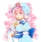 1girl between_breasts blue_headwear blue_kimono breasts bubble_tea bubble_tea_challenge commentary_request cup disposable_cup drinking hair_between_eyes hand_on_hip hat highres ichizen_(o_tori) japanese_clothes kimono long_sleeves medium_breasts mob_cap pink_background pink_eyes pink_hair saigyouji_yuyuko short_hair solo touhou triangular_headpiece upper_body 