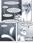  anthro comic darkmirage dialogue digital_media_(artwork) doctor domestic_cat dragon duo ear_piercing ear_ring english_text eyebrows felid feline felis female fur hi_res horn male male/female mammal monochrome piercing quetzalli_(character) text white_body white_fur zaos_(anidra) 