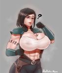  1girl ? abs absurdres aestheticc-meme armor artist_name belt black_eyes black_hair breasts cara_dune cleavage commentary gun handgun highres holstered_weapon huge_breasts lips muscle nipples pants puffy_nipples see-through short_hair shoulder_armor signature solo steam sweat tattoo the_mandalorian weapon 
