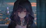  1girl bangs blurry blurry_background brown_hair city_lights closed_mouth commentary_request hair_between_eyes highres hood hood_up jewelry long_hair looking_at_viewer necklace original outdoors pillar pink_eyes pointy_ears red_eyes solo tree_branch umiu_geso upper_body 