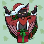 absurd_res anthro blakefox canid canine chiropteran christmas christmas_tree clothing dick_in_a_box fox gift_box gift_wrapped hat headgear headwear hi_res holidays hybrid male mammal neck_tuft razor_the_flying_fox-bat santa_hat solo tongue tongue_out tree tuft wrapping_paper yellow_eyes 