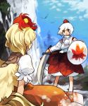  animal_on_head bird bird_on_head blonde_hair chick commentary_request hat highres holding holding_shield holding_sword holding_weapon inubashiri_momiji kaigen_1025 long_sleeves looking_at_another multicolored_hair niwatari_kutaka on_head open_mouth orange_skirt outdoors pom_pom_(clothes) red_eyes red_hair red_headwear shield shirt short_hair short_sleeves skirt sword tokin_hat touhou two-tone_hair water waterfall weapon white_hair white_shirt wide_sleeves wings 
