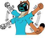  angry anthro blue_clothing blue_shirt blue_topwear brown_body brown_fur chest_tuft clothing d4nt3_fr05t dipstick_tail female fur mammal multicolored_tail mustela mustelid musteline robotic_arm screen screen_face shirt solo stoat tanner-ex5 topwear tuft waving_arms 
